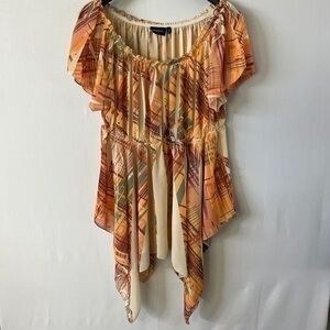 Plus size unique 2X Crinkle asymmetric short sleeve Blouse Semi sheer.